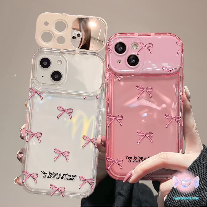 เคสโทรศัพท์พร้อมกระจกแต่งหน้า โบว์สีชมพู case for iPhone16 11 Pro 13 15 12 Max 7 8 14 15 Plus XR XS X