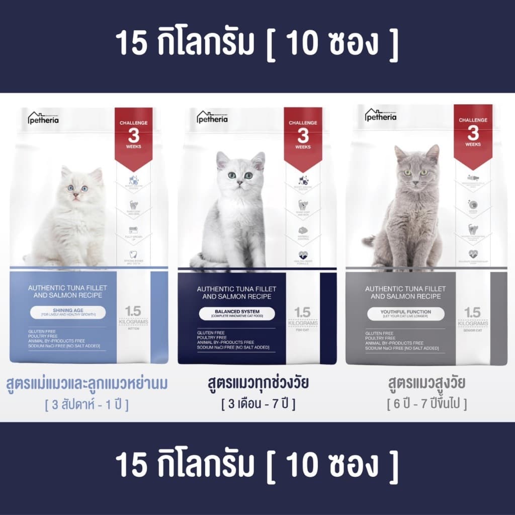 petheria อาหารแมวแบบเม็ดเกรด SUPER PREMIUM มีให้เลือกทุกช่วงวัย