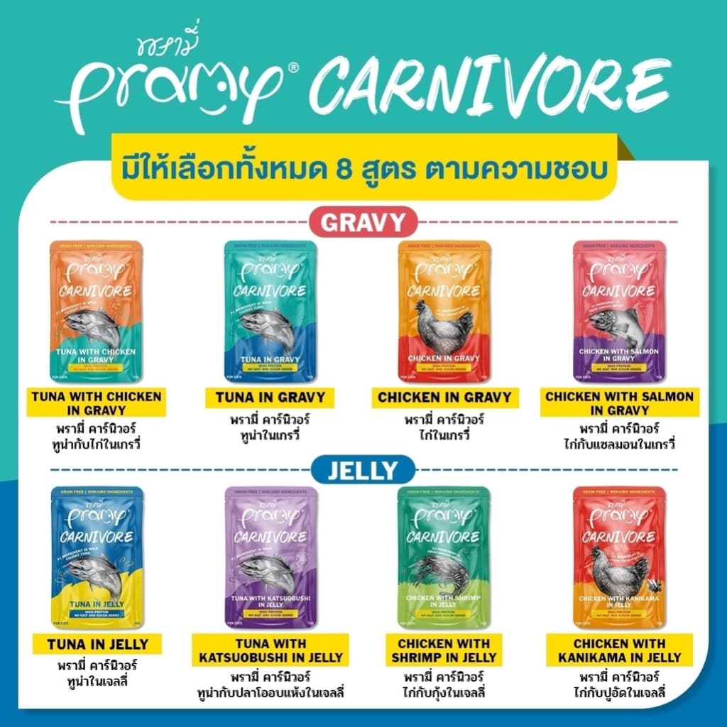 (ยกโหล12ซอง)Pramy Carnivore พรามี่ คาร์นิวอร์ อาหารเปียกแมว กลูเตนฟรี สําหรับแมว 2 เดือนขึ้นไป ขนาด 70g.