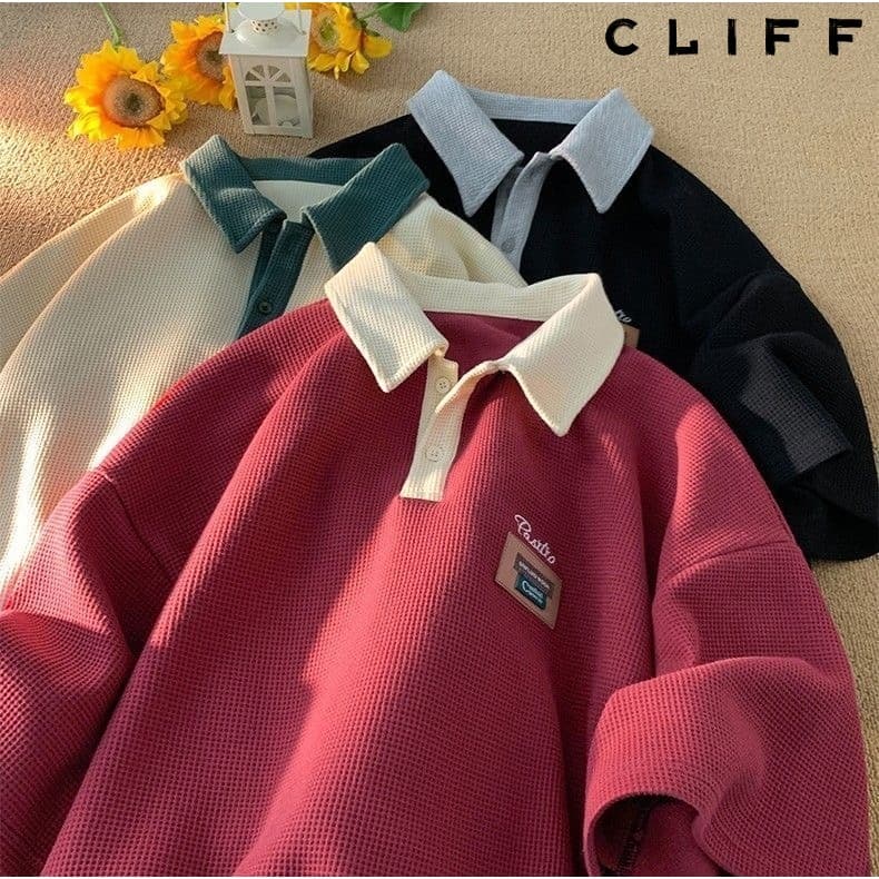 CLIFF -COD เสื้อโปโลผู้ชาย ปกเสื้อสีผสม เรียบง่าย แมทช์ลุคง่าย ชุดคู่รัก แขนสั้นสําหรับผู้หญิง วาฟเฟิล