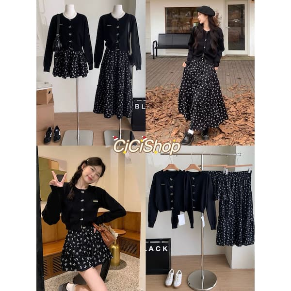 Cicishop(A1798+J880+J899)Bow Set เสื้อไหมพรมแขนยาวกระดุมโบว์+กระโปรงสั้น/ยาว ชายระบายลายโบว์ ใส่แมตช์น่ารัก รูปที่ 1
