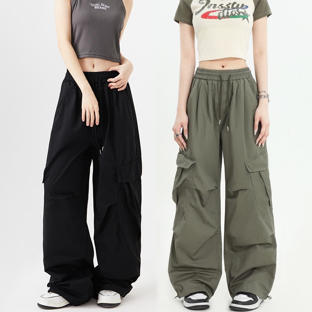 cherryshop🍓กางเกงคาโก้😊สีเขียวเอวสูงหลวมกางเกง cargo pantsสีดํา