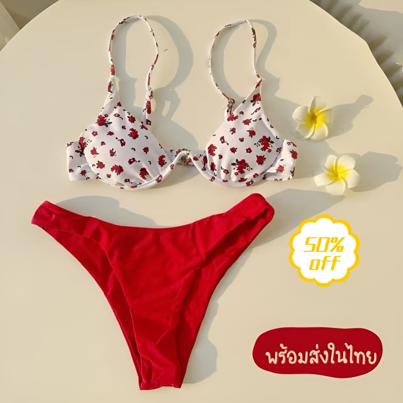 🌸Swift Bra🌸ชุดว่ายน้ําแฟชั่น ชุดว่ายน้ําสายฝอ เซ็ต2ชิ้น บิกินี่เซ็กซี่ มีโครง บราพิมพ์ลายดอกไม้…