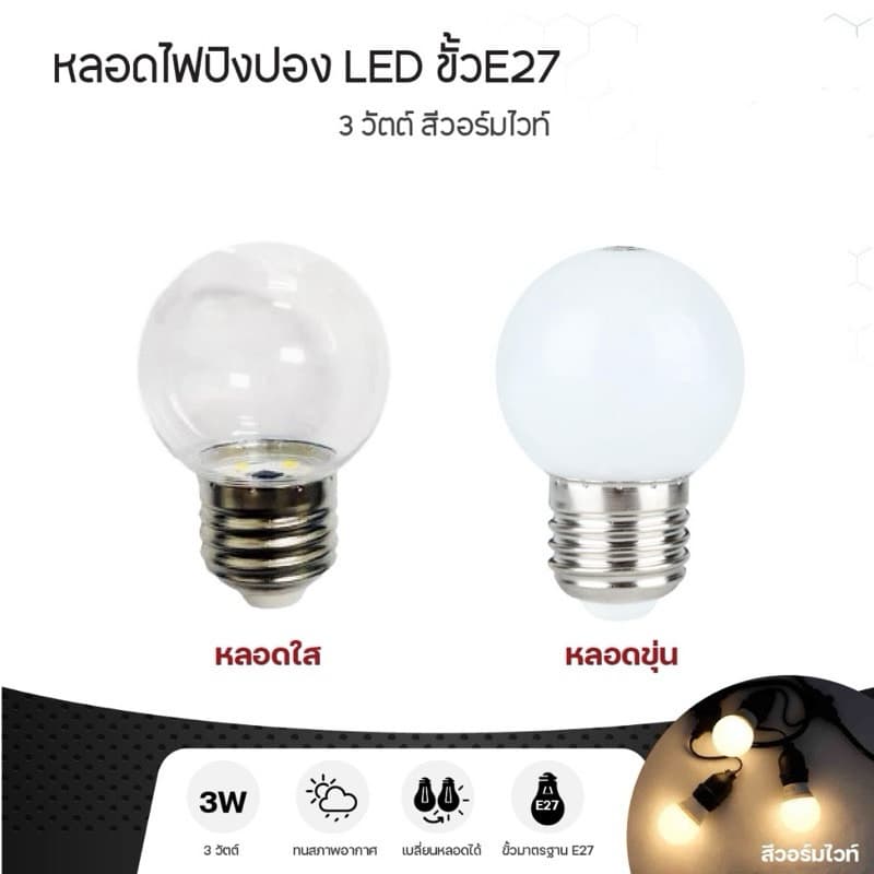หลอดไฟ LED ขนาดเล็ก 3วัตต์ ขั้ว E27 สีวอร์มไวท์ หลอดใส/ขุ่น