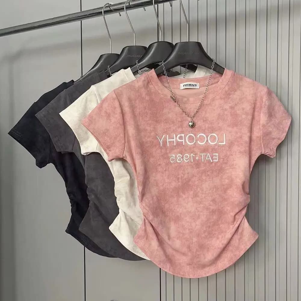 Manjusaka ️พร้อมส่ง ️Crop top เสื้อครอปท็อป คอกลม แขนสั้น y2k เสื้อยืดแขนสั้น สีขาว สไตล์เกาหลี…