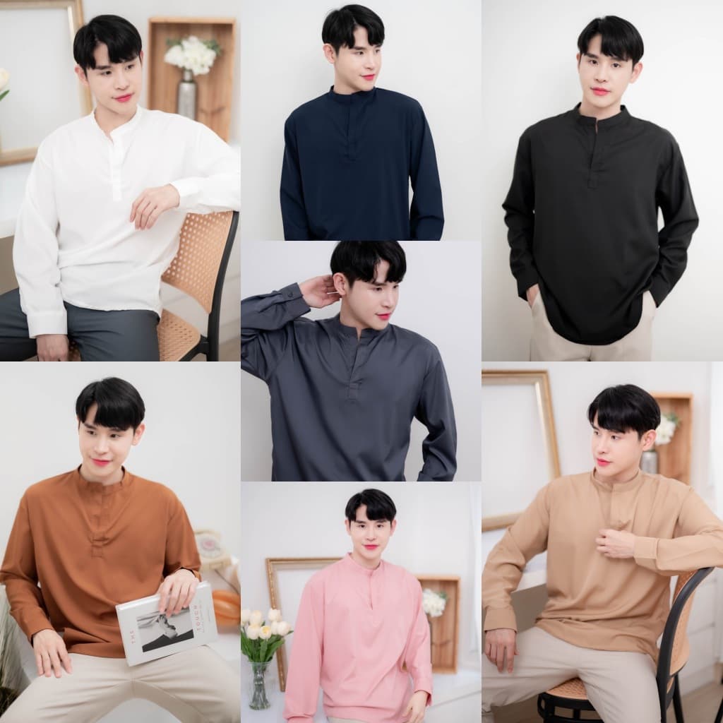 S14: เสื้อเชิ้ตแขนยาวคอจีน รุ่นไม่มีกระดุม สไตล์เกาหลี ผ้านิ่มใส่สบายไม่ร้อน มีไซซ์ M-4XL