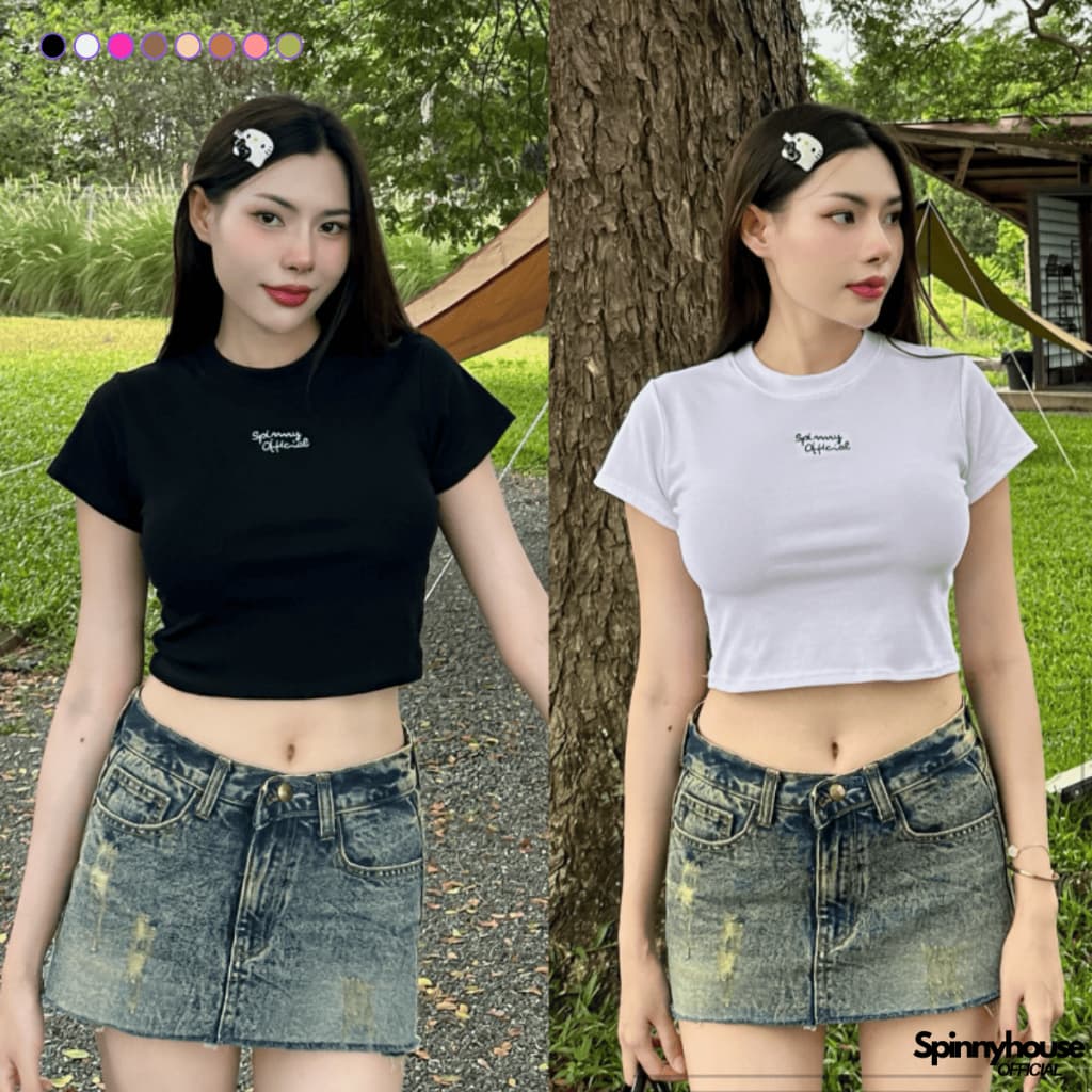 SpinnyHouse เสื้อครอปBABYTEE คอกลมแขนสั้น ผ้ายูนิโค่ 💥 ปักโลโก้น่ารัก รุ่น ครอปAngel B-008-4-A