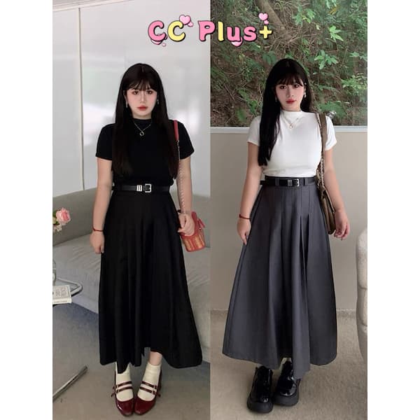 CiCi Plus+ (818) กระโปรงพลีทยาวพลัสไซส์ ทรงเอ เอวสูง สม็อคหลัง กระโปรงสาวอวบ สไตล์มินิมอล แมตช์ง่าย