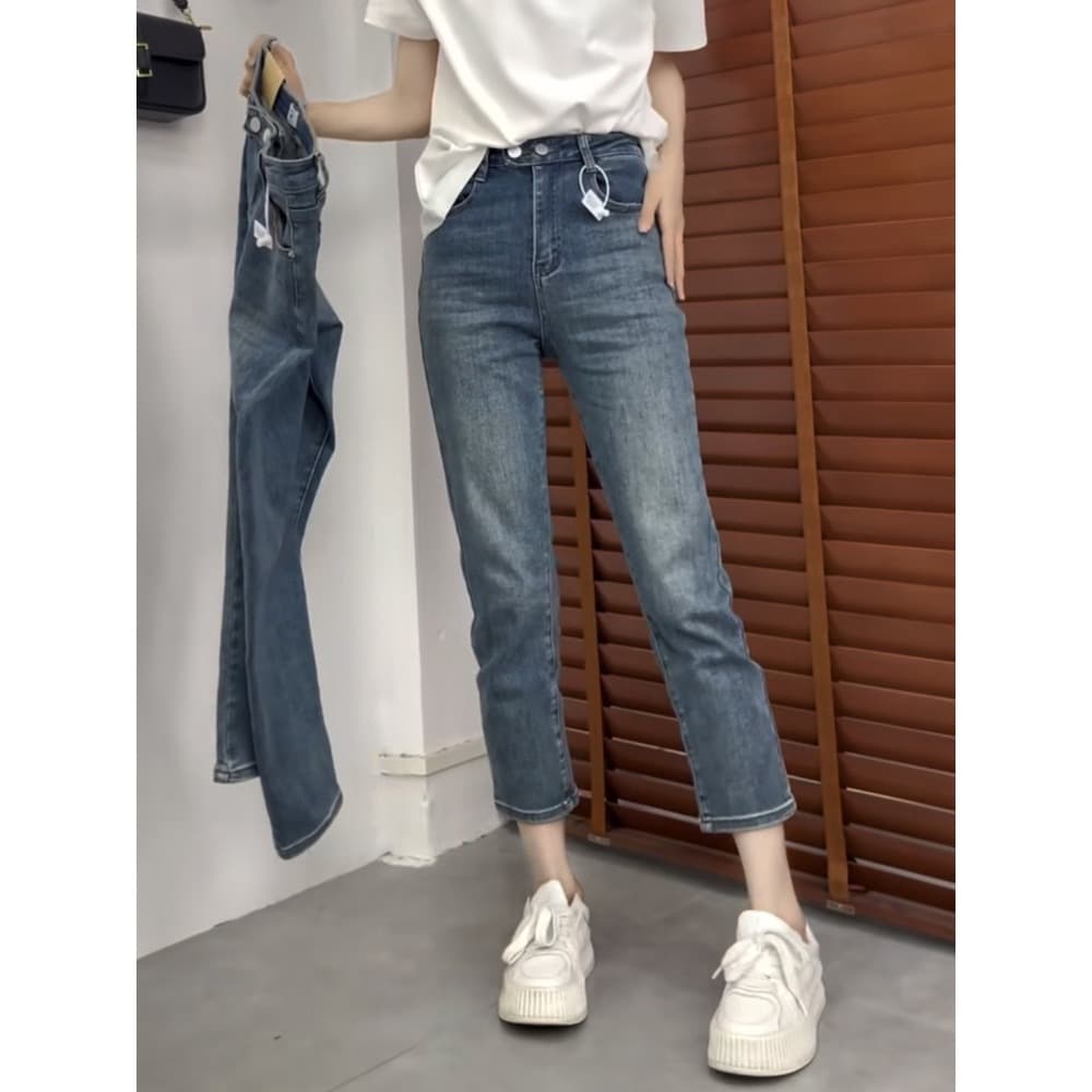 GHAOHES ยีน ส์ 👖เอวสูง วินเทจ การออกแบบกระดุมสองแถว แฟชั่น กางเกงยีนส์ #V13