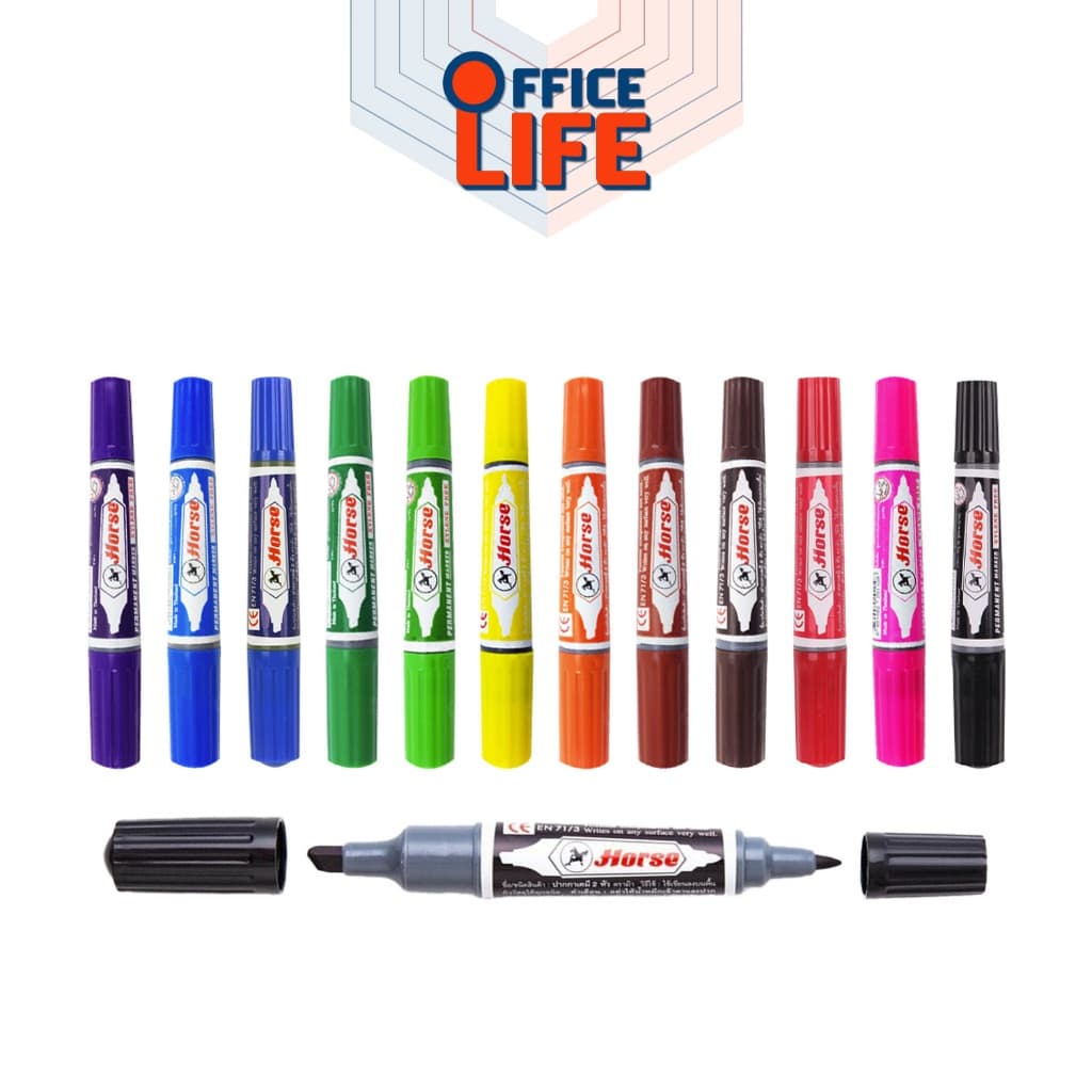 HORSE (ตราม้า) ปากกาเคมี มาร์กเกอร์ 2 หัว Twin-Pen Marker มีให้เลือก 12 สี กันน้ํา ( 1 ด้าม )