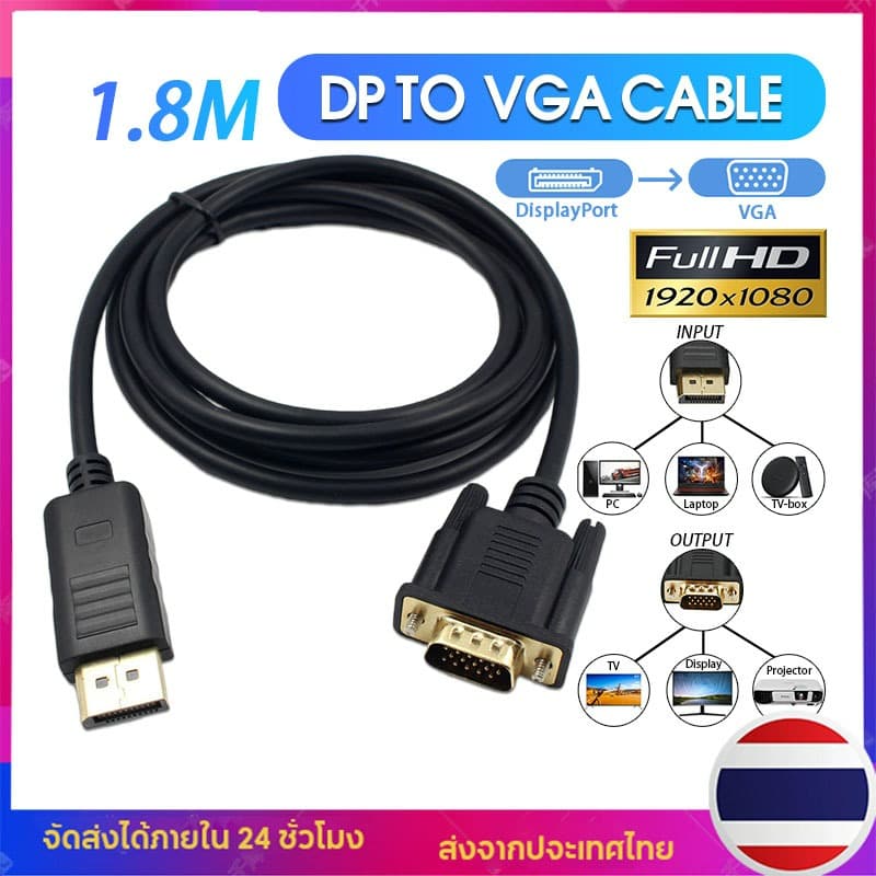 สายอะแดปเตอร์แปลง Display Port DP to VGA ยาว1.8M รองรับ 1080P สําหรับคอมพิวเตอร์จอภาพ โทรทัศน์ โปรเจคเตอร์