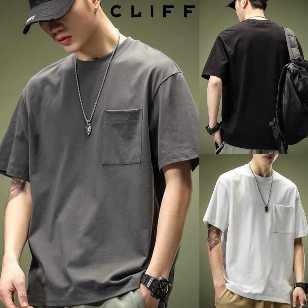 CLIFF -COD แขนสั้นสีล้วนแมทช์ลุคง่าย เสื้อยืดผู้ชาย การออกแบบกระเป๋า 3สีเลือกได้