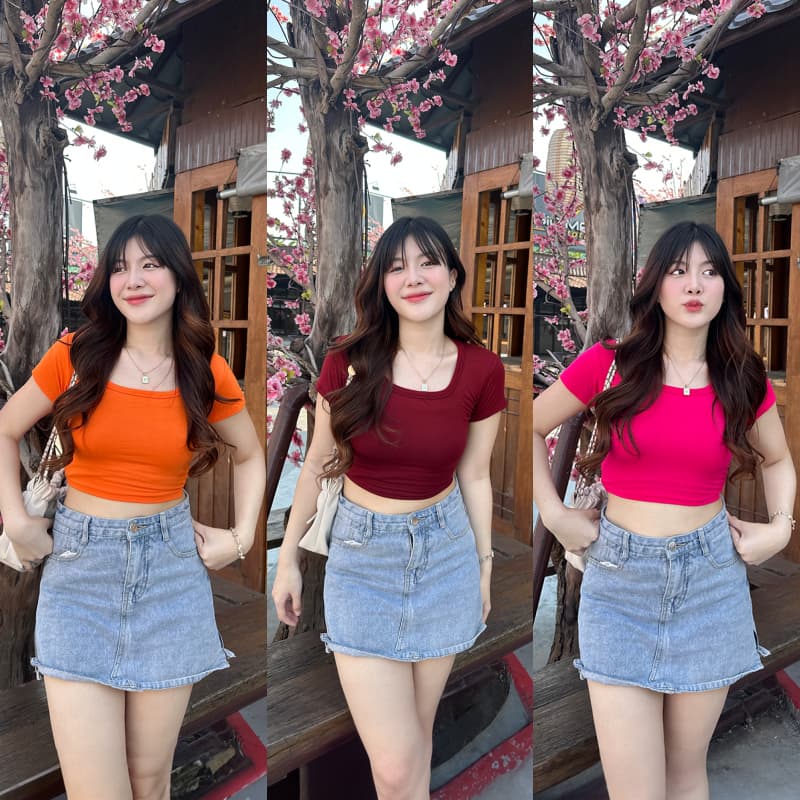 SpinnyHouse เสื้อครอปเบสิคลุค ทรงคอเหลี่ยม ผ้าเรย่อนยืดเยอะ 🌸 ผ้าเย็นใส่สบาย ใส่แล้วพรางหุ่นม้าก รุ่น นิตยา