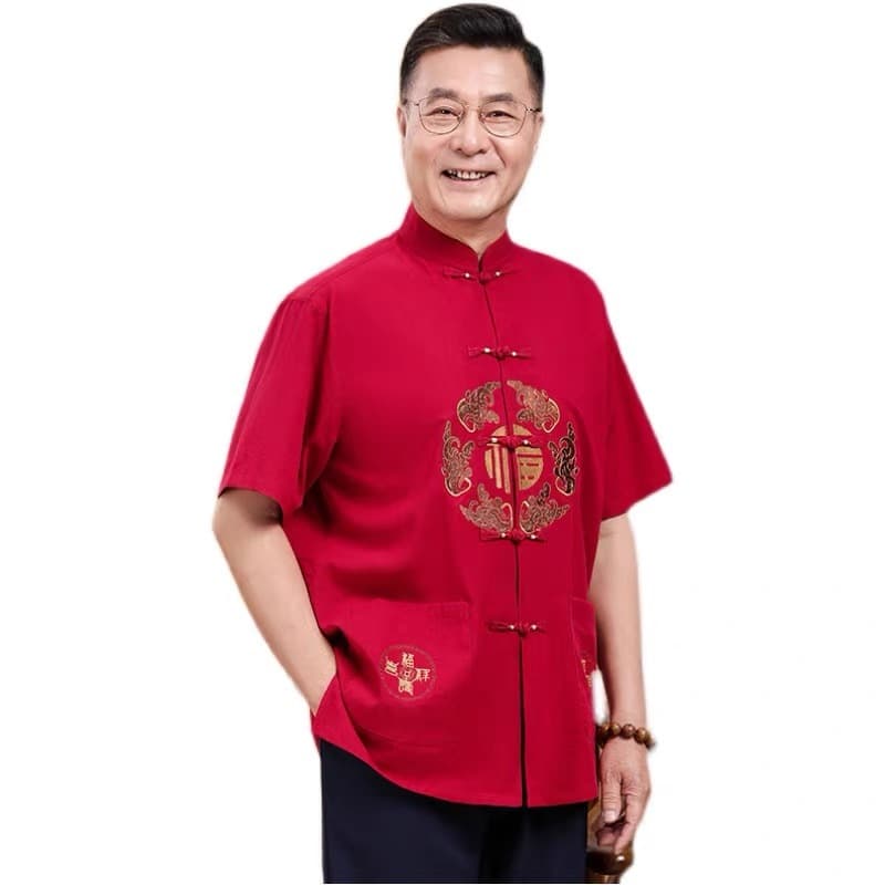 มีให้เลือก 4 สี(จัดส่งจากกรุงเทพ)เสื้อคอจีนแขนสั้นผู้ชาย ลายตัวอักษรฝู