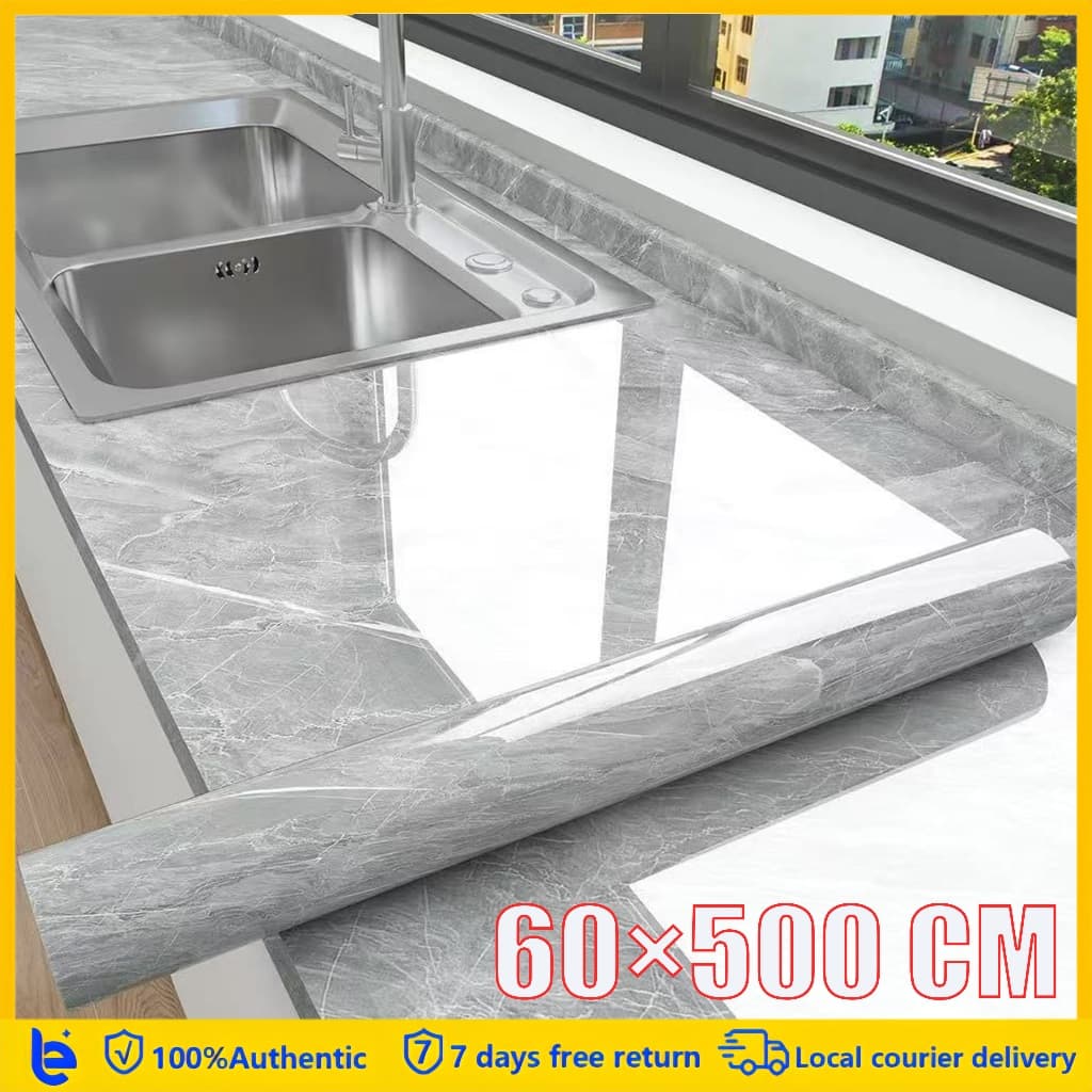 สติ๊กเกอร์ติดผนัง PVC ลายหินอ่อน กันน้ํา กันน้ํามัน ทนความร้อน มีกาวในตัว 60x500cm ใช้ได้ห้องครัว เคาน์เตอร์