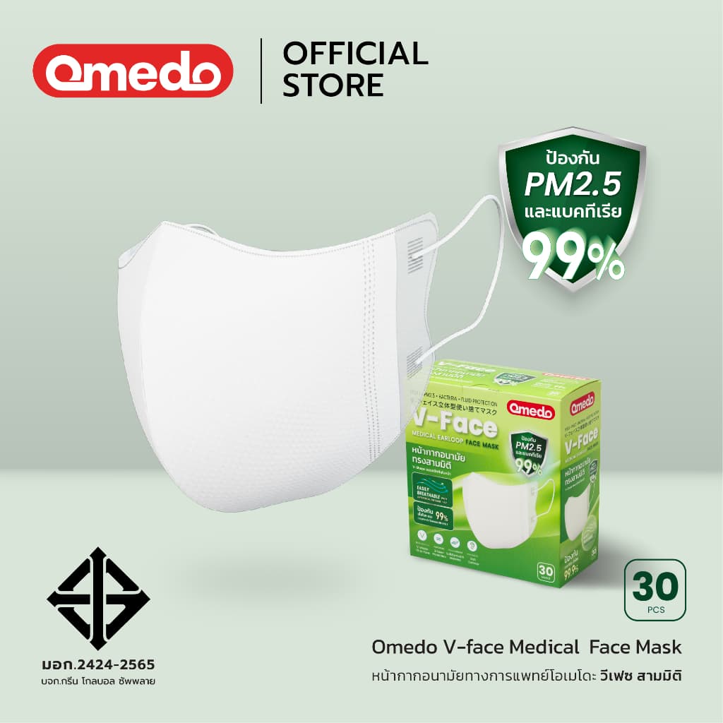 Omedo V-face Medical Face Mask มอก.ระดับที่ 1 ทรงวีเฟซ สีขาว บรรจุ 30 ชิ้น