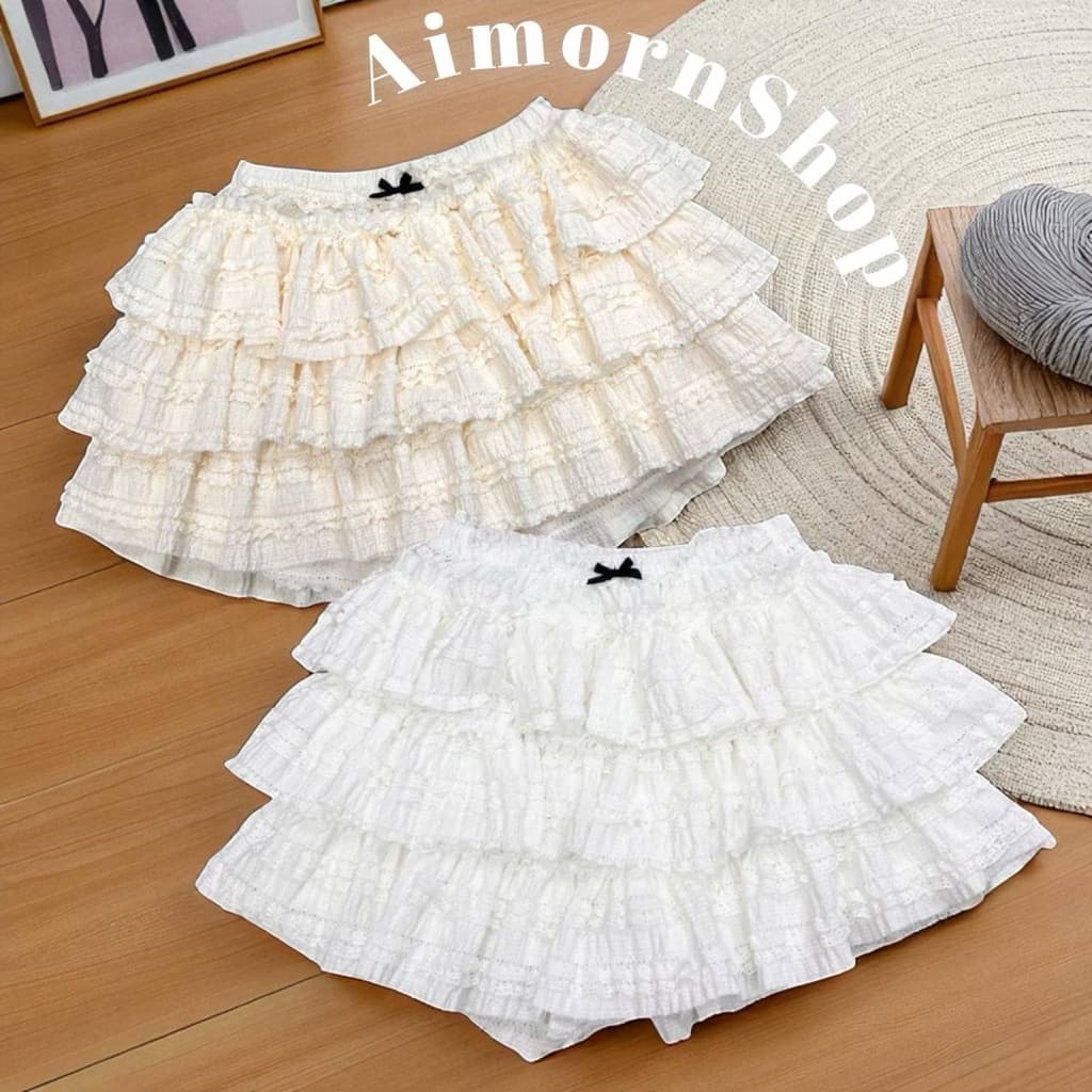 aimorn_shop กระโปรงกางเกง แต่งชั้น ผ้าลูกไม้มีซับในด้วยนะ ติดโบว์จิ๋ว โซคิ้วท์มาก