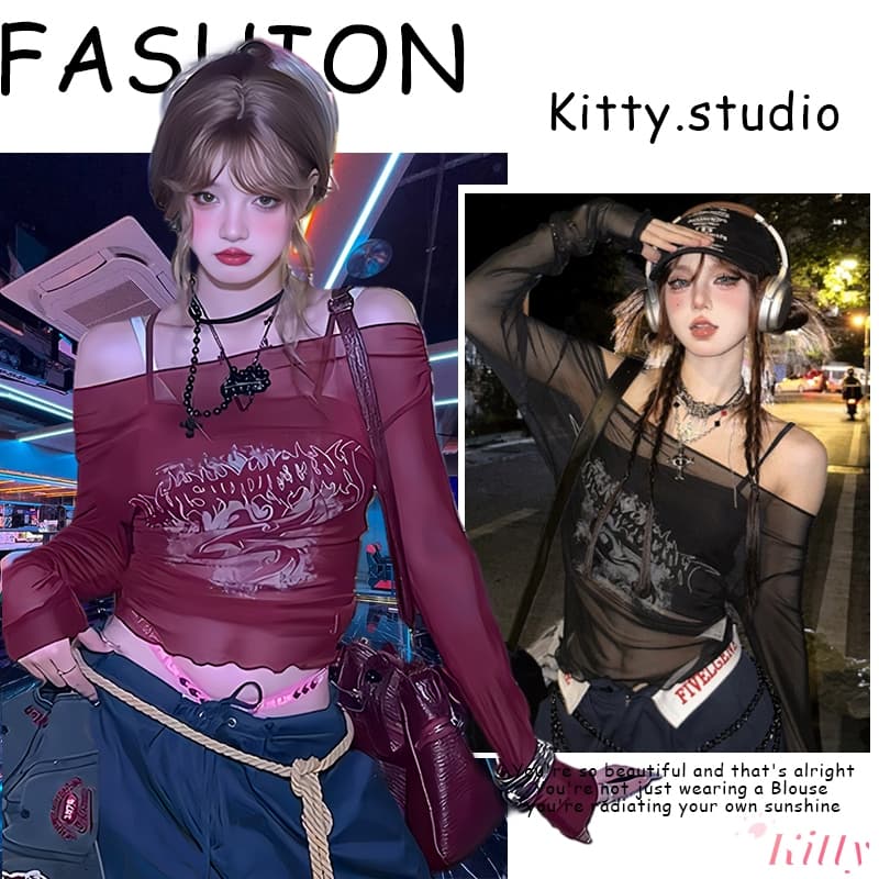 Kitty พร้อมส่ง🐲เสื้อครอป เซ็ต2ชิ้น🐲ซีทรูY2Kเสื้อปาดไหล่แขนยาว เซ็กซี่ผู้หญิง พิมพ์ลายมังกร แซ่บๆ ทรงรัดรูป…