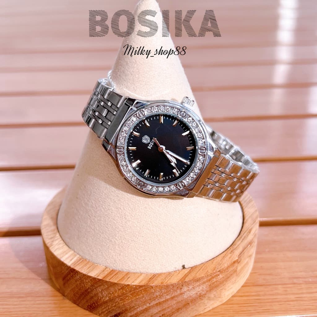 (M49) BOSIKA นาฬิกาสายสแตนเลสสตีลแท้ หน้าปัดล้อมเพชร นาฬิกาอนาล็อก สวยหรู ( 4 สี )