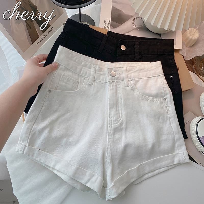 cherryshop พร้อมส่ง กางเกงยีนส์ขาสั้นแบบเรียบง่ายเอวสูงสําหรับผู้หญิงเวอร์ชั่นเกาหลี S-XL สีพื้น สไตล์สลิมฟิต