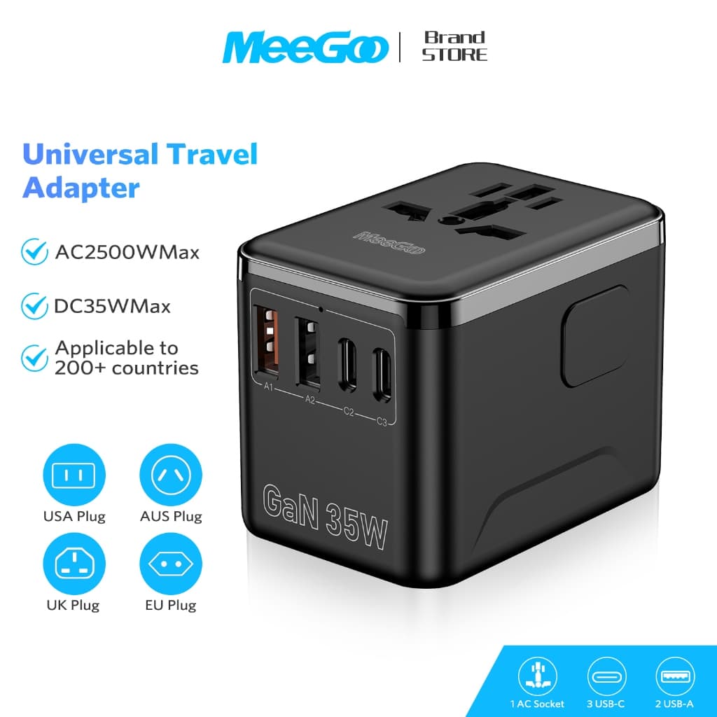 MEEGOO ปลั๊กท่องเที่ยว แกลเลียมไนไตรด์ GAN หัวปลั๊กไฟทั่วโลก AC2500W DC35/45/67/100/140W Universal Travel… รูปที่ 1