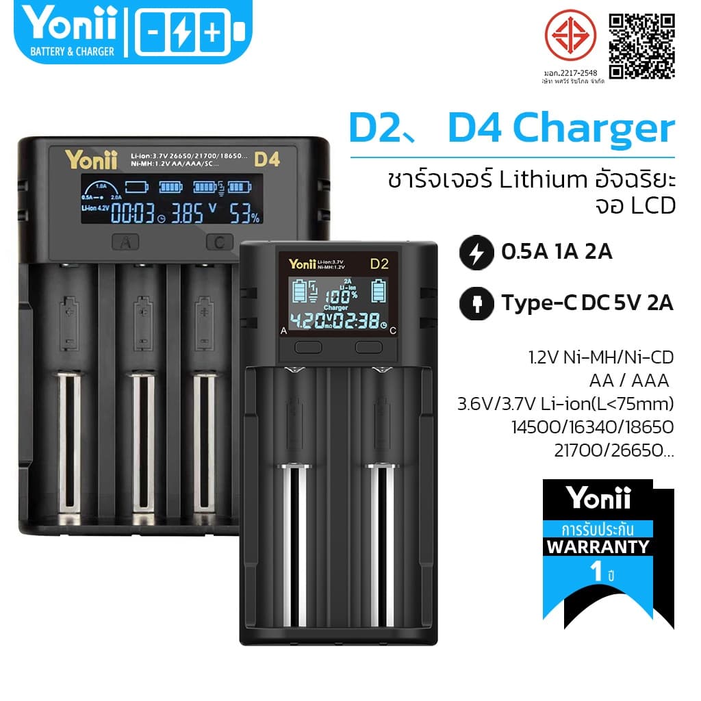 Yonii เครื่องชาร์จถ่าน 18650 3.7V 26650 21700 2/4 ช่อง หน้าจอ LCD ตัดไฟอัตโนมัติ ปรับกระแสไฟได้ 0.5A/1A/2A…