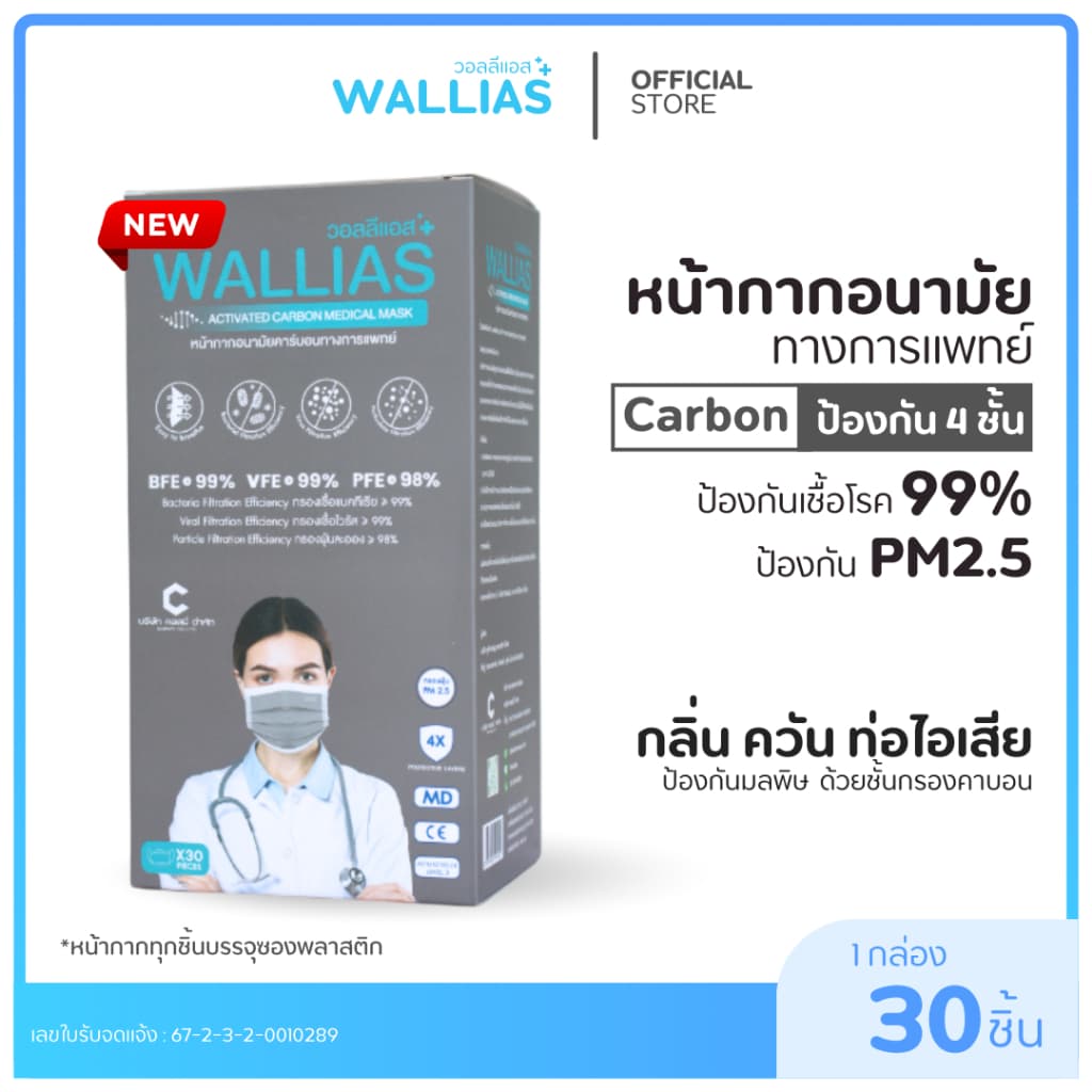 Wallias หน้ากากอนามัยคาร์บอน 30ชิ้น/กล่อง หนา 4 ชั้น กันฝุ่นPM2.5 กันกลิ่น Activated Carbon Medica Mask รูปที่ 1