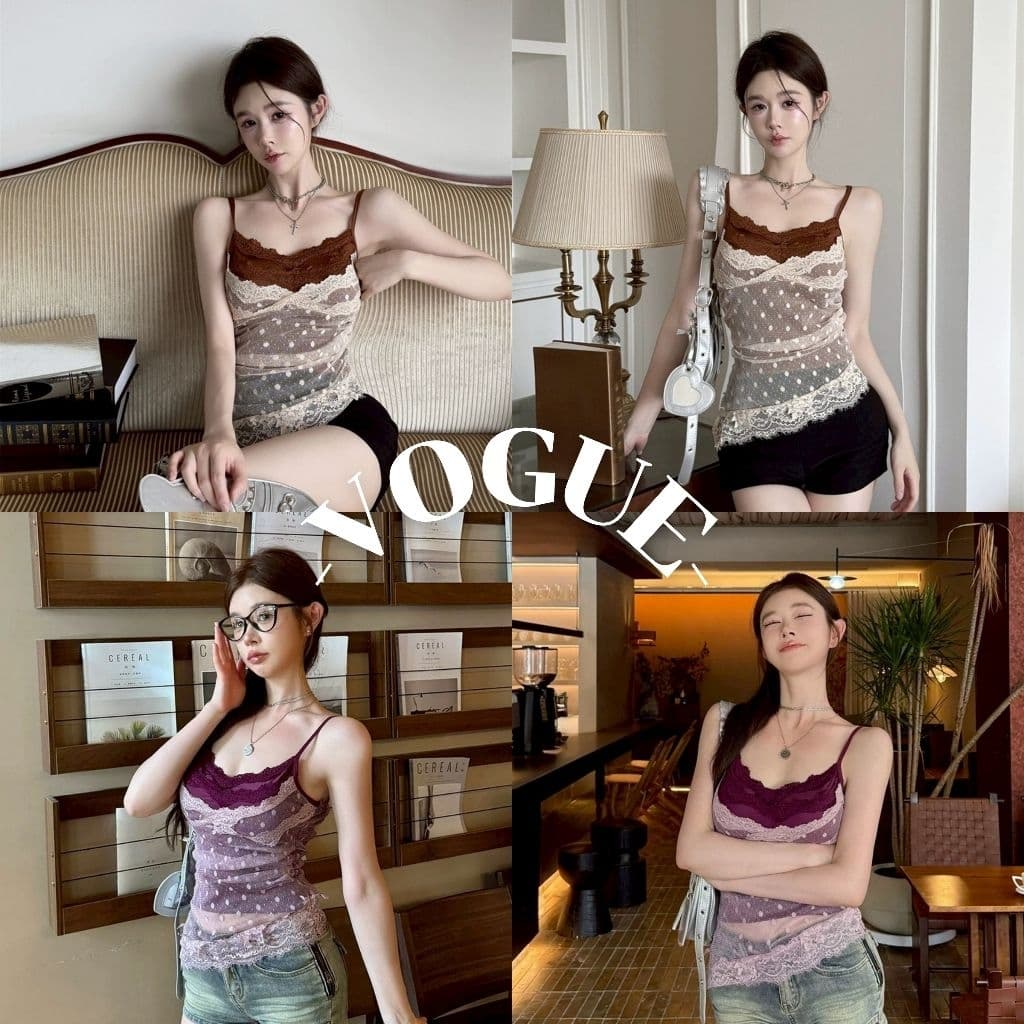 Vogue🌟พร้อมส่ง🌟 เสื้อสายเดี่ยว ลายลูกไม้ น้ําตาลม่วง มีฟองน้ํา ทรงรัดพอดี (FY1956)