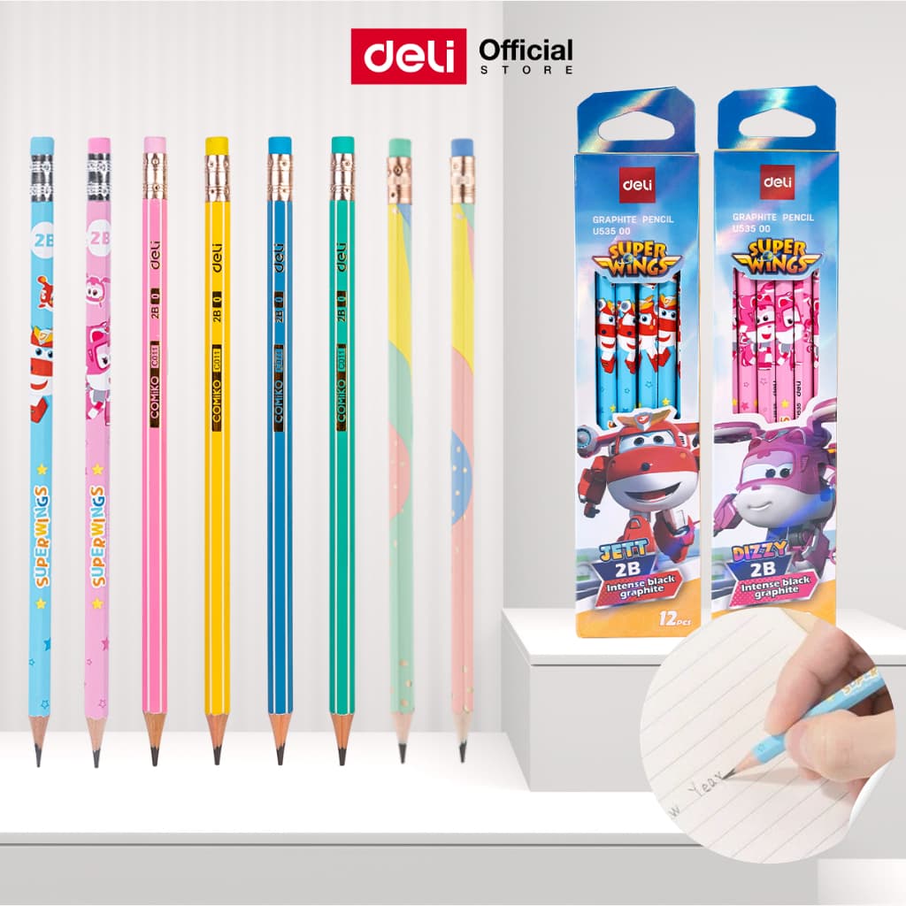 ดินสอไม้ Deli, ความเข้ม 2B-HB, เขียนลื่น, คุณภาพดี, ไส้ไม่หัก, ออกแบบทรงหกเหลี่ยม (12 แท่ง/กล่อง)
