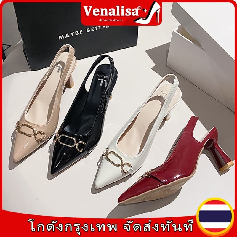 Venalisa รองเท้าส้นสูงผู้หญิง ความสูงส้น 3 นิ้ว ส้นแหลม การตกแต่งโซ่ วัสดุ หนัง เหมาะสําหรับงานออฟฟิศ