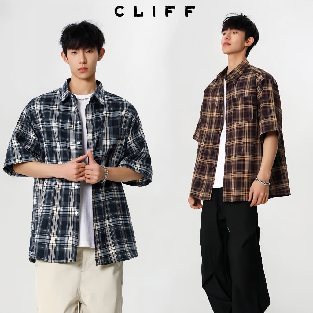CLIFF เสื้อเชิ้ตลายสก๊อต เสื้อยืดแขนสั้น แบรนด์ยอดนิยมสําหรับฤดูร้อน ความรู้สึกระดับสูง แบบหลวมลําลอง