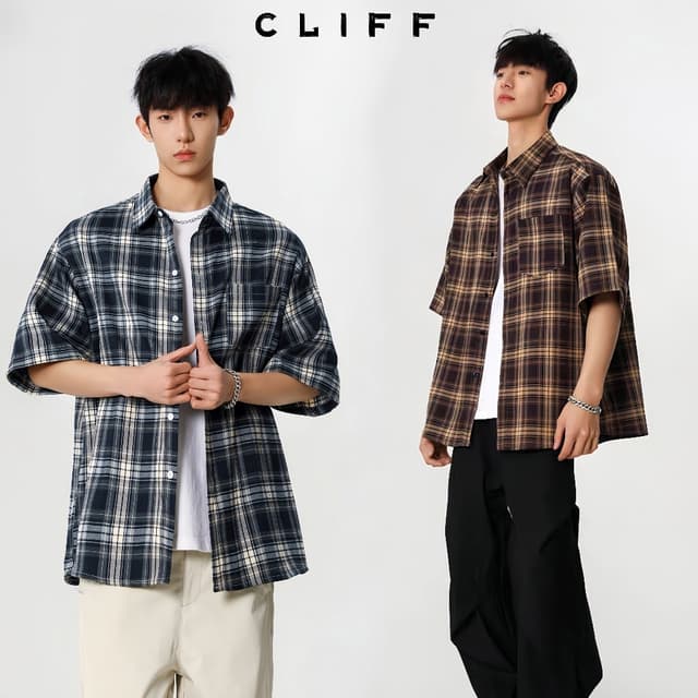 CLIFF เสื้อเชิ้ตลายสก๊อต เสื้อยืดแขนสั้น แบรนด์ยอดนิยมสําหรับฤดูร้อน ความรู้สึกระดับสูง แบบหลวมลําลอง