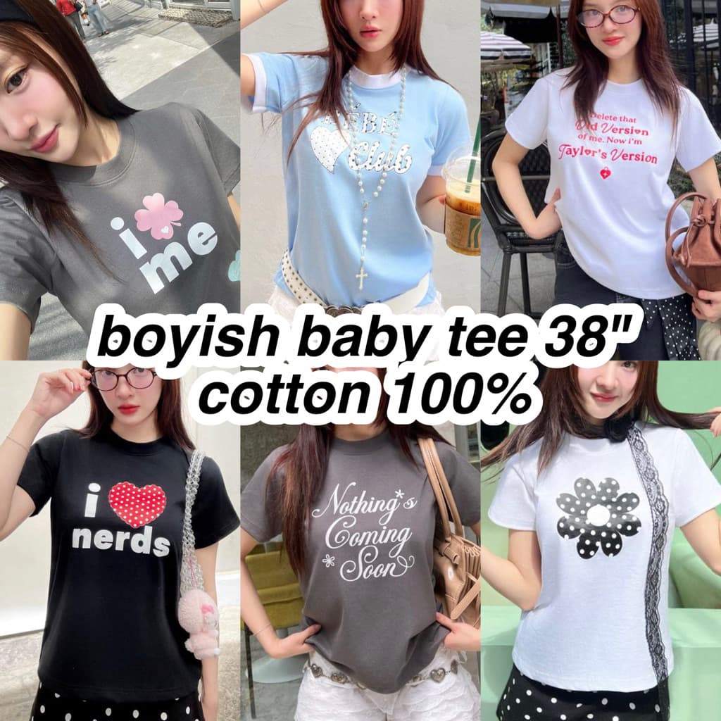 🥣 Boyish tee (ลายใหม่มาเพิ่ม) — baby tee อกใหญ่ 38" ผ้า cotton 100% ใส่สบายค่ะ รูปที่ 1