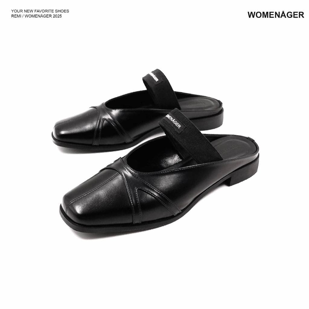womenager - Remi Black leather รองเท้าแตะคัทชูเปิดส้น สวมใส่ง่าย