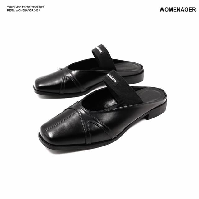 womenager - Remi Black leather รองเท้าแตะคัทชูเปิดส้น สวมใส่ง่าย