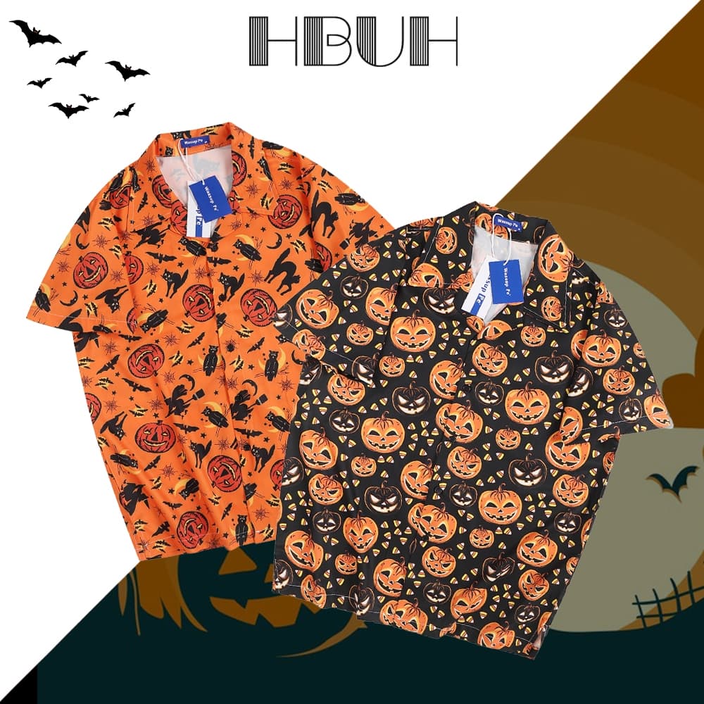 🎃🎃Halloween เสื้อฮาวาย ลายฟักทอง ตลกน่ารัก ผ้านุ่มสวมสบาย สวมใส่ได้ทั้งผู้ชายและผู้หญิง ชุดธีมเทศกาล//HBUH