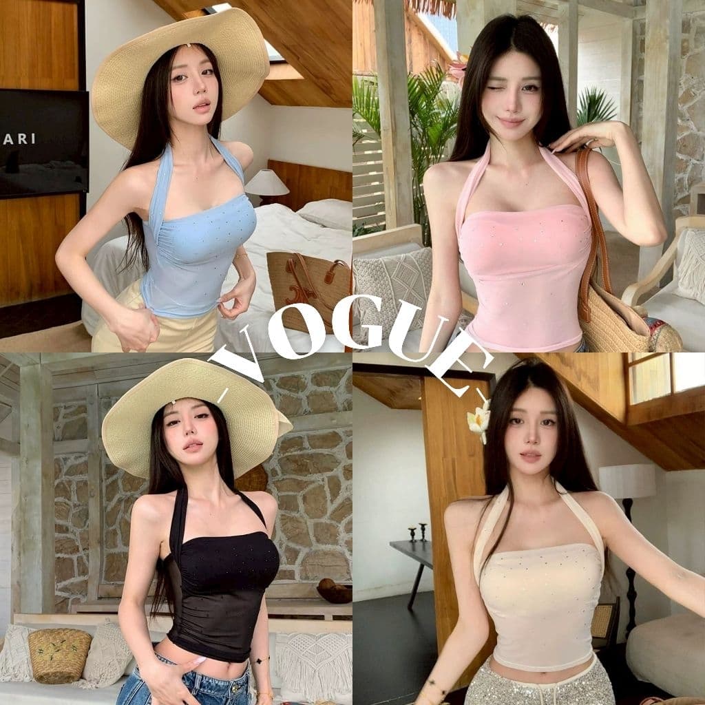 Vogue🌟พร้อมส่ง🌟 เสื้อคล้องคอ มีฟองน้ําในตัว สีสันพาสเทลใส่ง่ายสวย (FY9358)