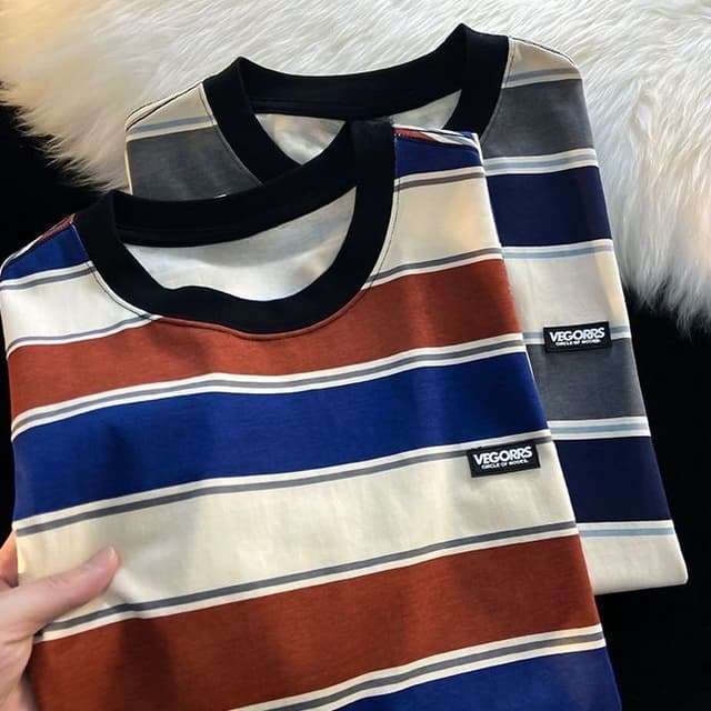 เสื้อยืดแขนสั้นฤดูร้อน ลายทาง สีต่อตัด ผ้าระบายอากาศ สไตล์อเมริกันวินเทจ ทรงโอเวอร์ไซส์ แต่งได้หลายลุค…