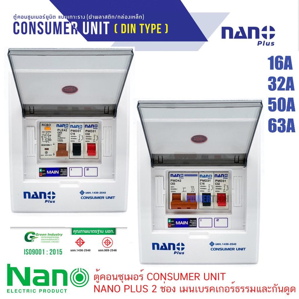 (ส่งไวมี มอก.) ตู้คอนซูมเมอร์ Nano Plus 2 ช่อง ยูนิต CONSUMER UNIT NANO PLUS เมนเบรคเกอร์ธรรมและกันดูด