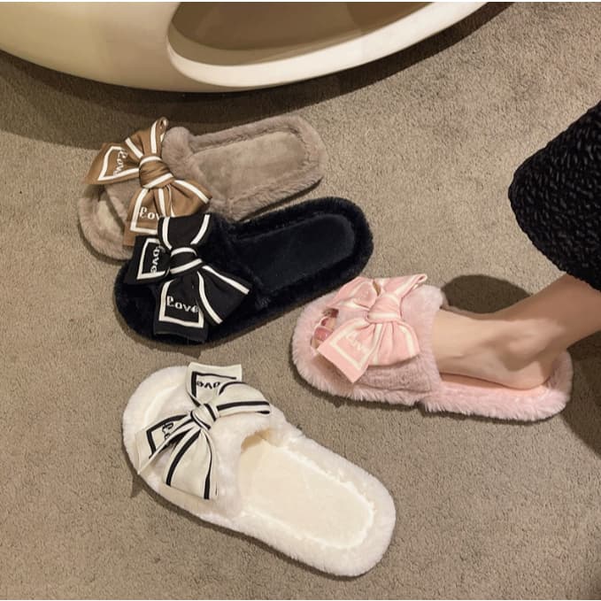 🎀สินค้าใหม่🎀(SH-1-30) รองเท้าสลิปเปอร์ รองเท้าแตะใส่ในบ้าน ผ้าขนนุ่มใส่สบาย แต่งโบว์ใหญ่น่ารักไฮโซ