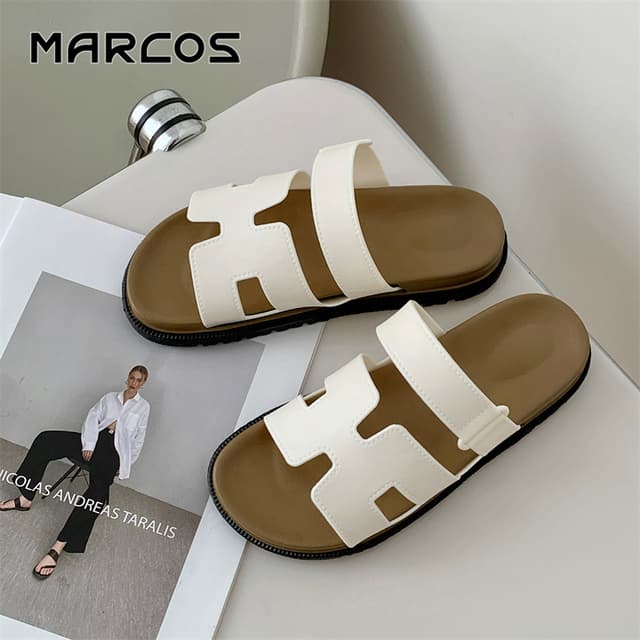 MARCOS รองเท้าแตะผู้หญิง สไตล์คลาสสิก พื้นหนา ใส่สบาย รองเท้าแฟชั่นผู้หญิง ดีไซน์H-ตัว ไม่ถูเท้า รอง เ ทา…