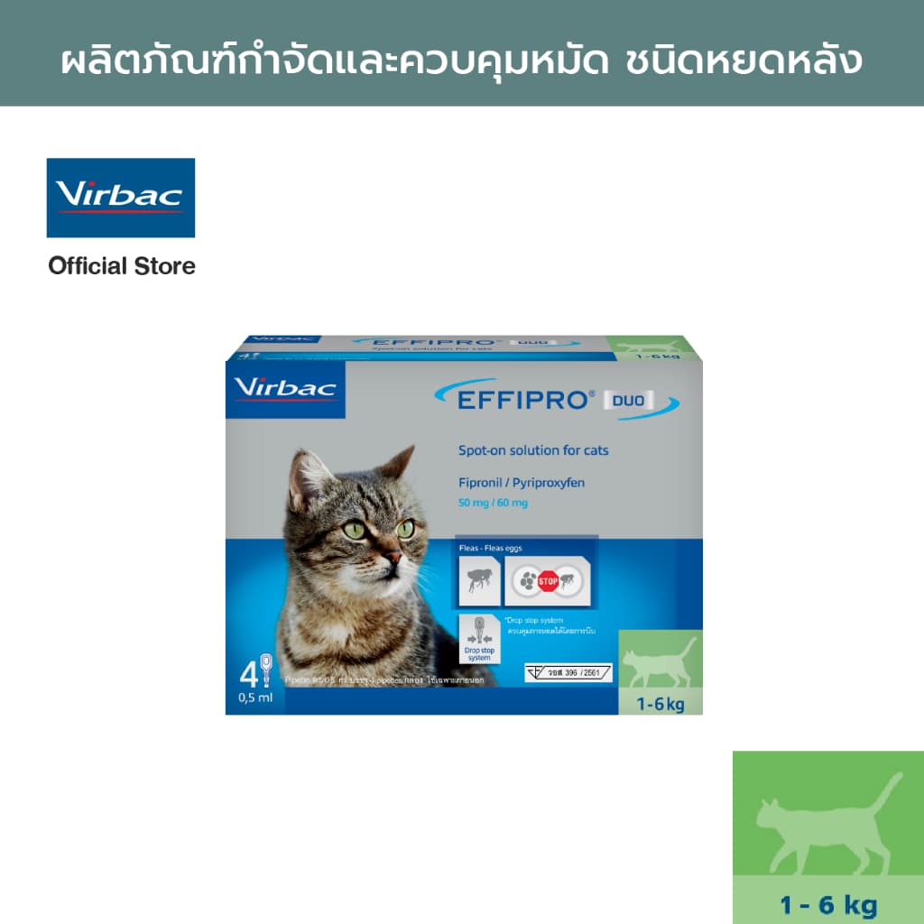 Virbac เอฟฟิโปร ดูโอ้ [Effipro® Duo Spot-on S (1-6 kgs) - 4 tubes /0.5 ml each] ผลิตภัณฑ์กําจัดหมัด…
