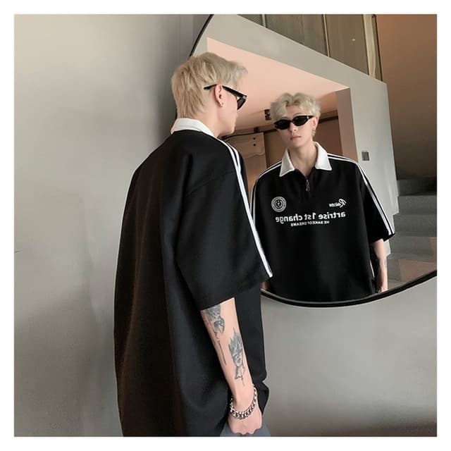 ในไทย** เสื้อโปโลชาย อเมริกันหลวมคู่ลําลองวาฟเฟิลเสื้อโปโลแขนสั้น ซิปหน้า Y148