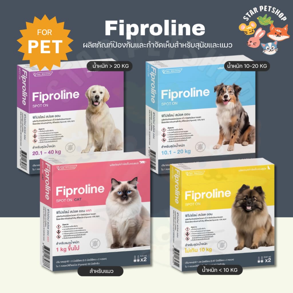 Fiproline ฟิโปรไลน์ ผลิตภัณฑ์ป้องกันและกําจัดเห็บสําหรับสุนัขและแมว ชนิดหยดหลัง หยอดกําจัดเห็บ เห็บหมา…