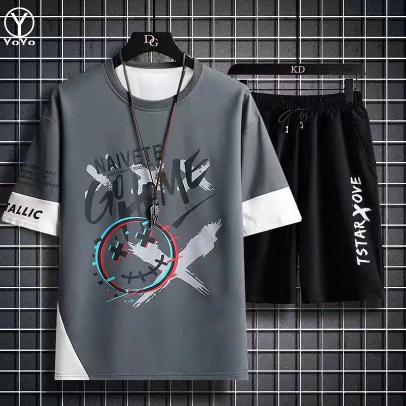 YOYO ชุดแฟชั่นชายเสื้อยืดแขนสั้น + กางเกงขาสั้น ผ้าแห้งเร็วหลวมชุดกีฬาและชุดพักผ่อน รุ่น2803