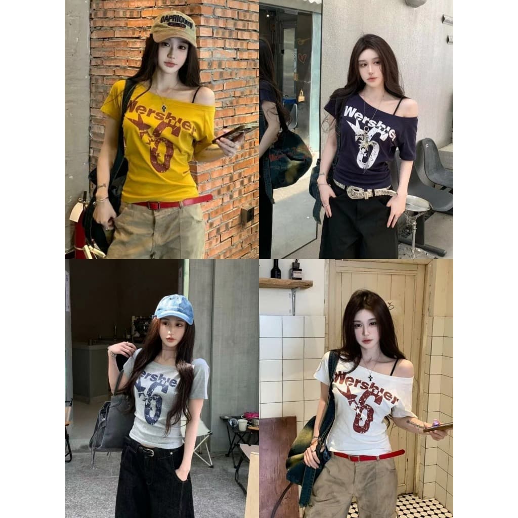 เสื้อยืดผู้หญิง เสื้อยืดปาดใหล่ สไตล์วินเทจ พิมพ์ลาย ปาดไหล่ ทรงหลวม #1502320