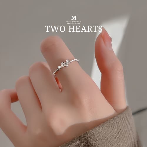 MEET💕แหวนเงินแท้ Two hearts แหวนผู้หญิง แหวนเงินแท้ แหวนปรับขนาดได้ แหวนเรียบหรู แหวนแฟชั่น