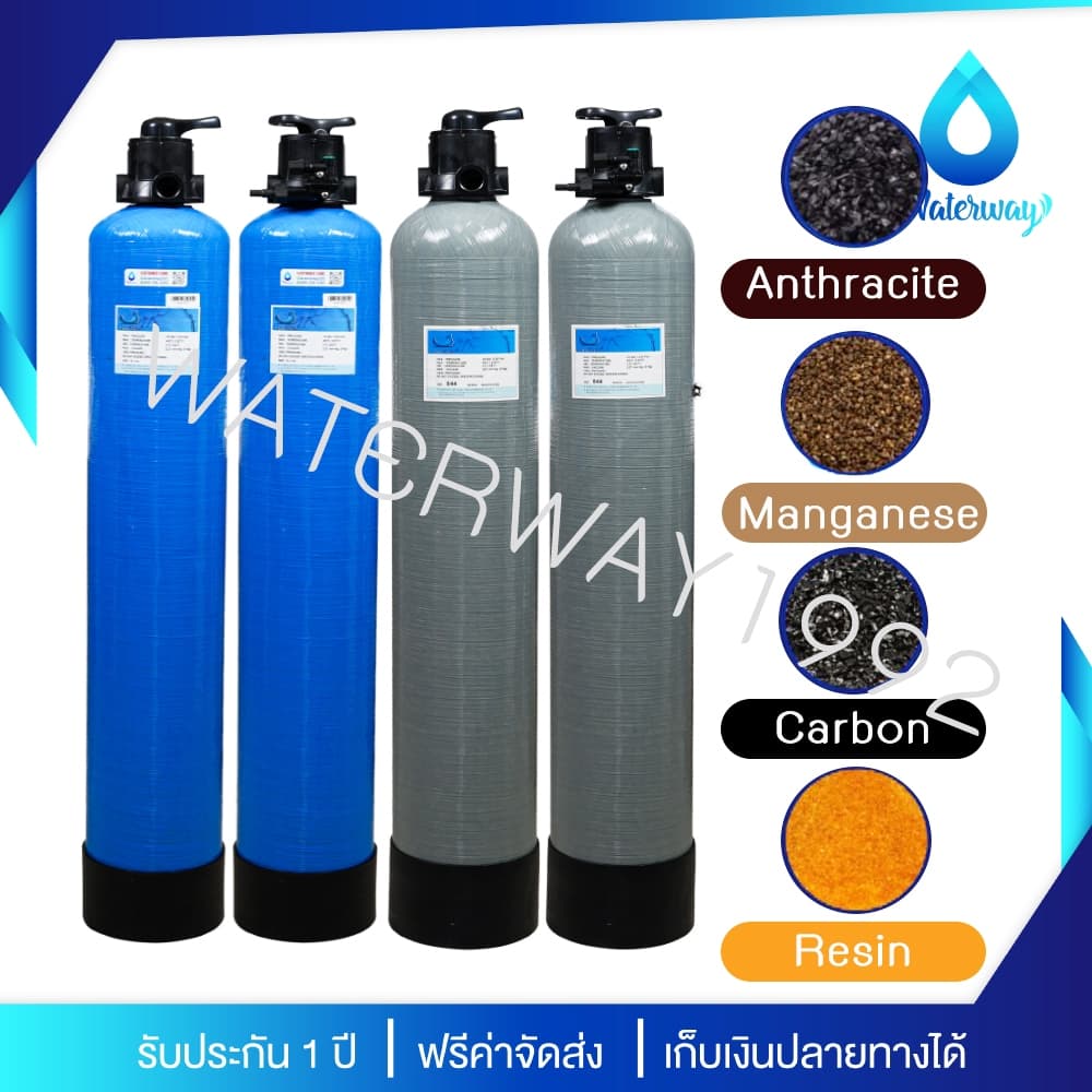 WATERWAY ถังกรองน้ํา 8x44 นิ้ว ถังไฟเบอร์ ทนแรงดัน 150PSI พร้อม Manual Valve เกลียว 1 นิ้ว และสารกรองครบชุด