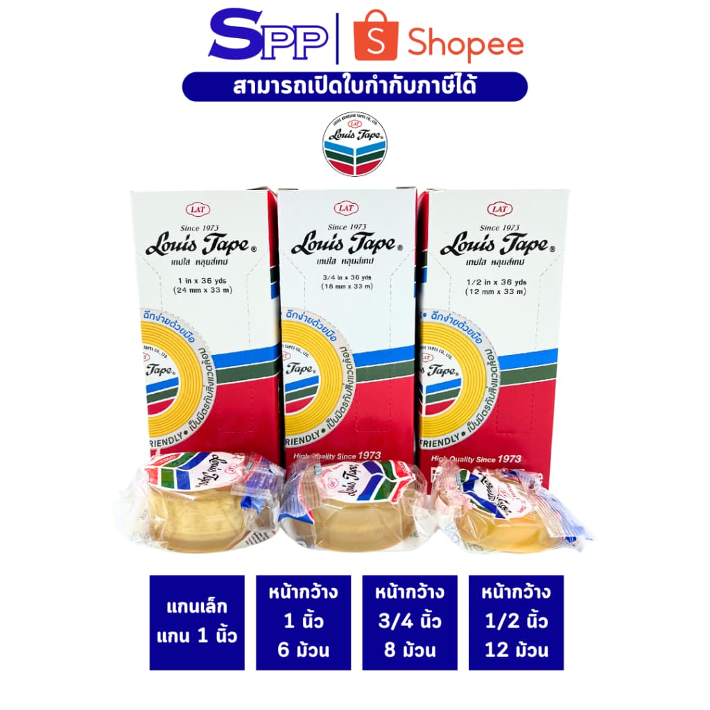 หลุยส์เทปแกนเล็ก Louis Tape เทปใส เทปหลุยส์ 3/4 นิ้ว, 1/2 นิ้ว, 1 นิ้ว x 36 หลา