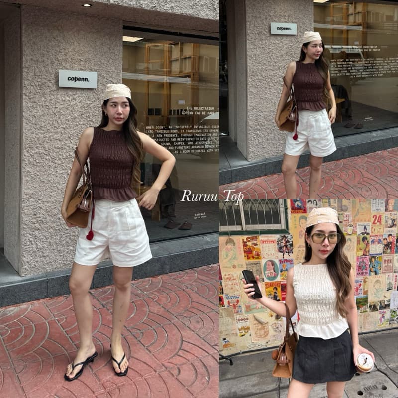 Ruruu Top เสื้อแขนกุด ผ้าลินินย่น ทะเล สายฝอ PEAR.WD